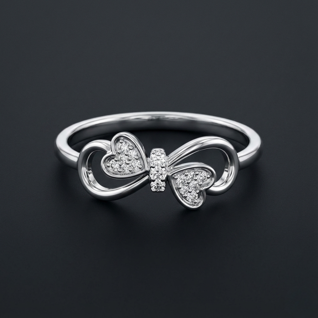 Infinity Bow Heart Silver Diamond Ring with Lab-Grown Diamonds