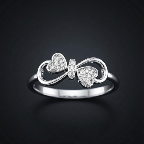 Infinity Bow Heart Silver Diamond Ring with Lab-Grown Diamonds