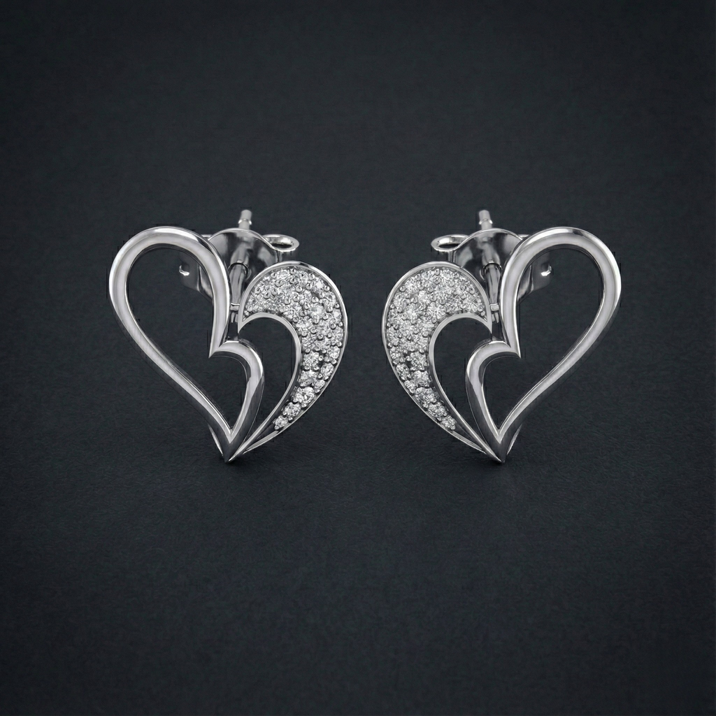 Double Heart 925 Silver Diamond Earrings with Lab-Grown Diamonds