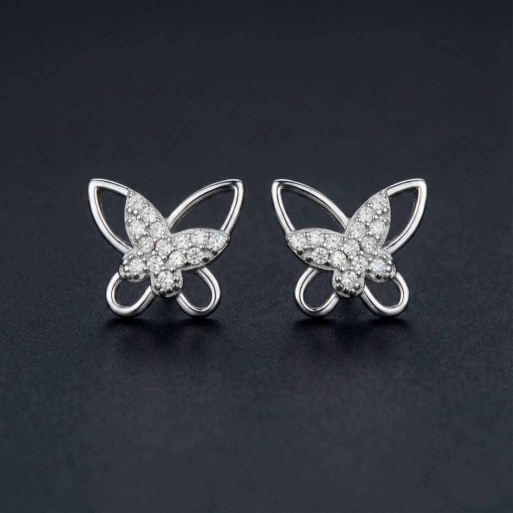 Butterfly 925 Silver Diamond Stud Earrings with Lab-Grown Diamonds