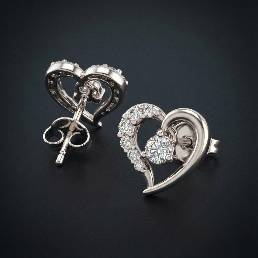 Solitaire Heart 925 Silver Diamond Stud Earrings with Lab-Grown Diamonds
