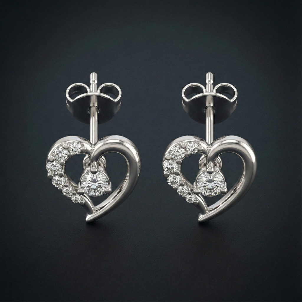 Solitaire Heart 925 Silver Diamond Stud Earrings with Lab-Grown Diamonds