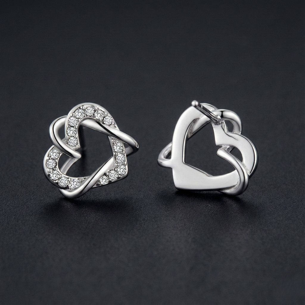 Interlocking Heart 925 Silver Diamond Stud Earrings with Lab-Grown Diamonds