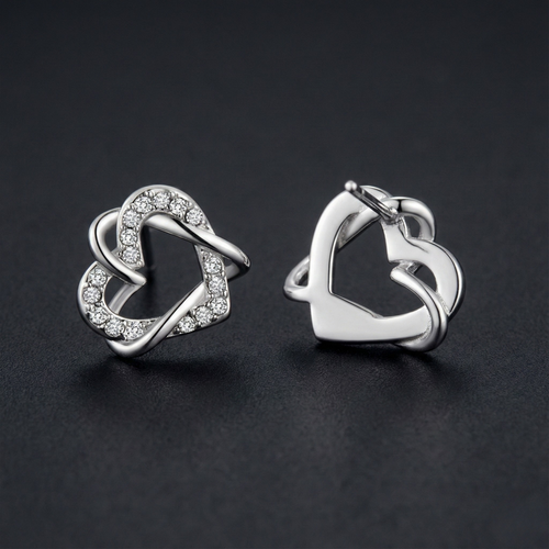 Interlocking Heart 925 Silver Diamond Stud Earrings with Lab-Grown Diamonds