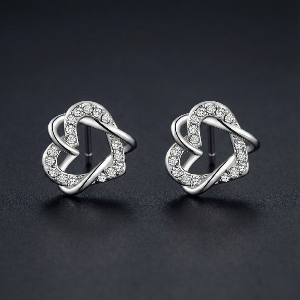 Interlocking Heart 925 Silver Diamond Stud Earrings with Lab-Grown Diamonds