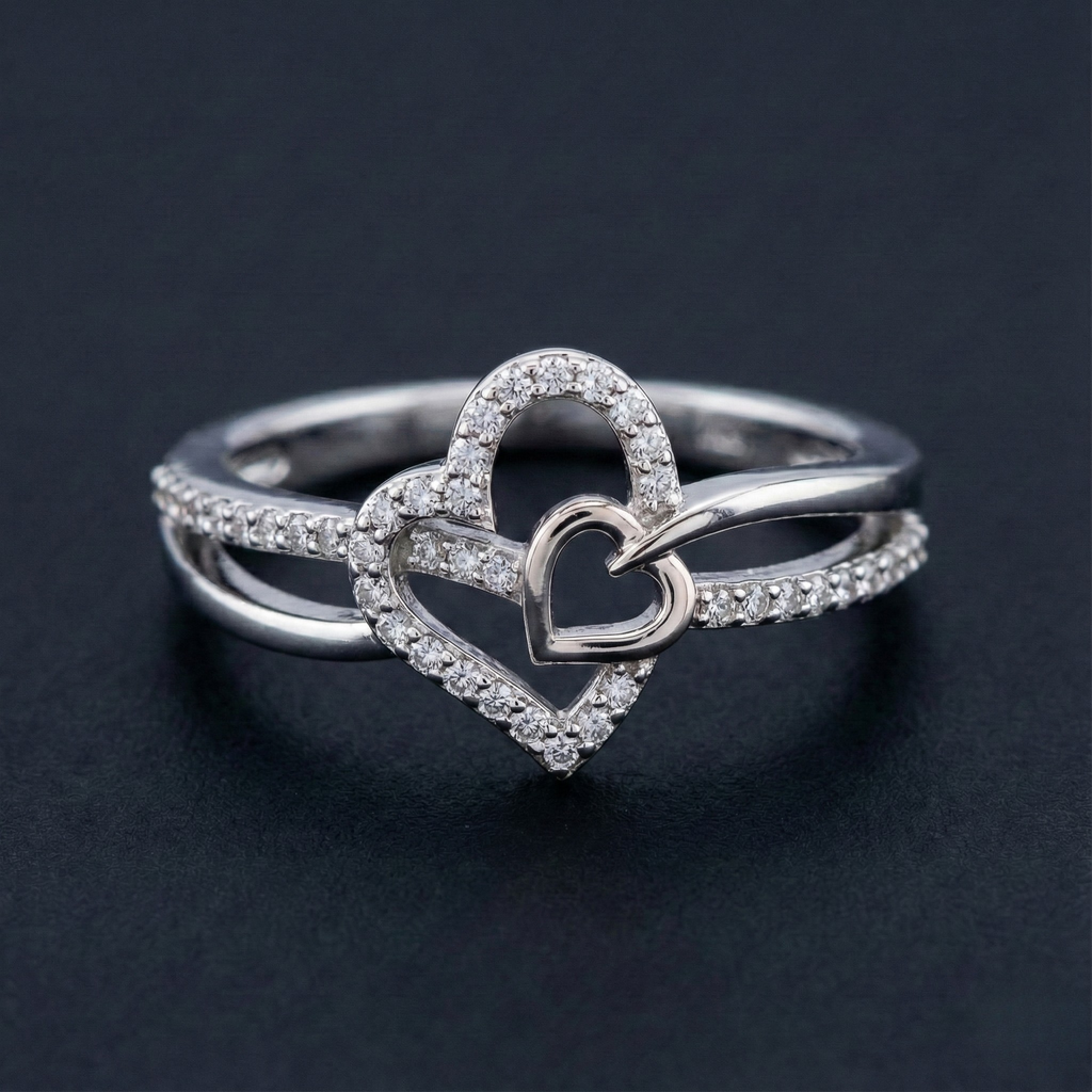 Heart in Heart Silver Diamond Ring with Lab-Grown Diamonds