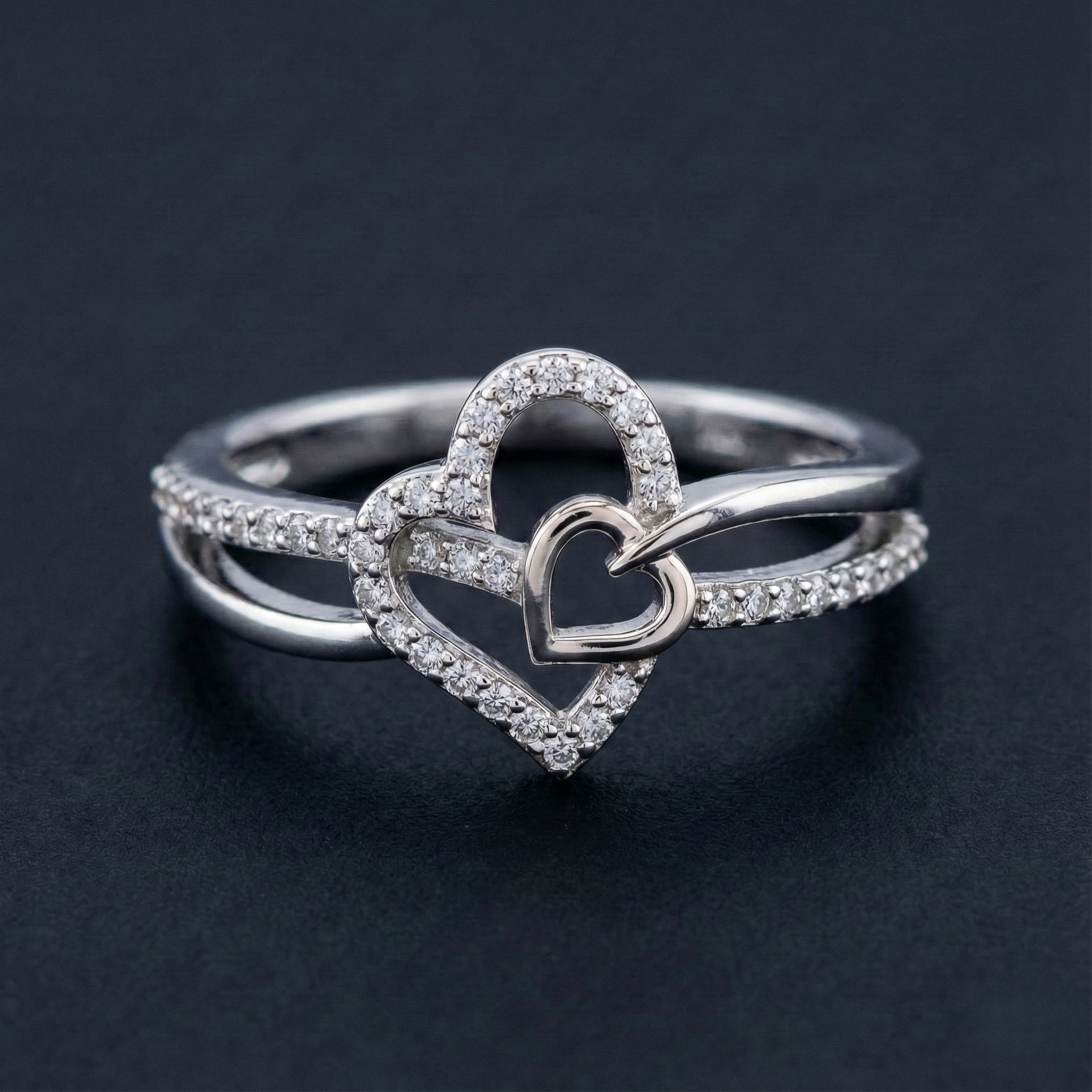 Heart in Heart Silver Diamond Ring with Lab-Grown Diamonds