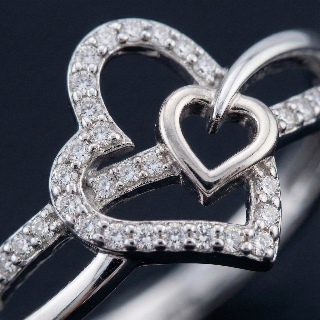 Heart in Heart Silver Diamond Ring with Lab-Grown Diamonds