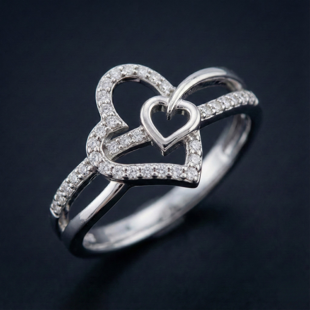 Heart in Heart Silver Diamond Ring with Lab-Grown Diamonds