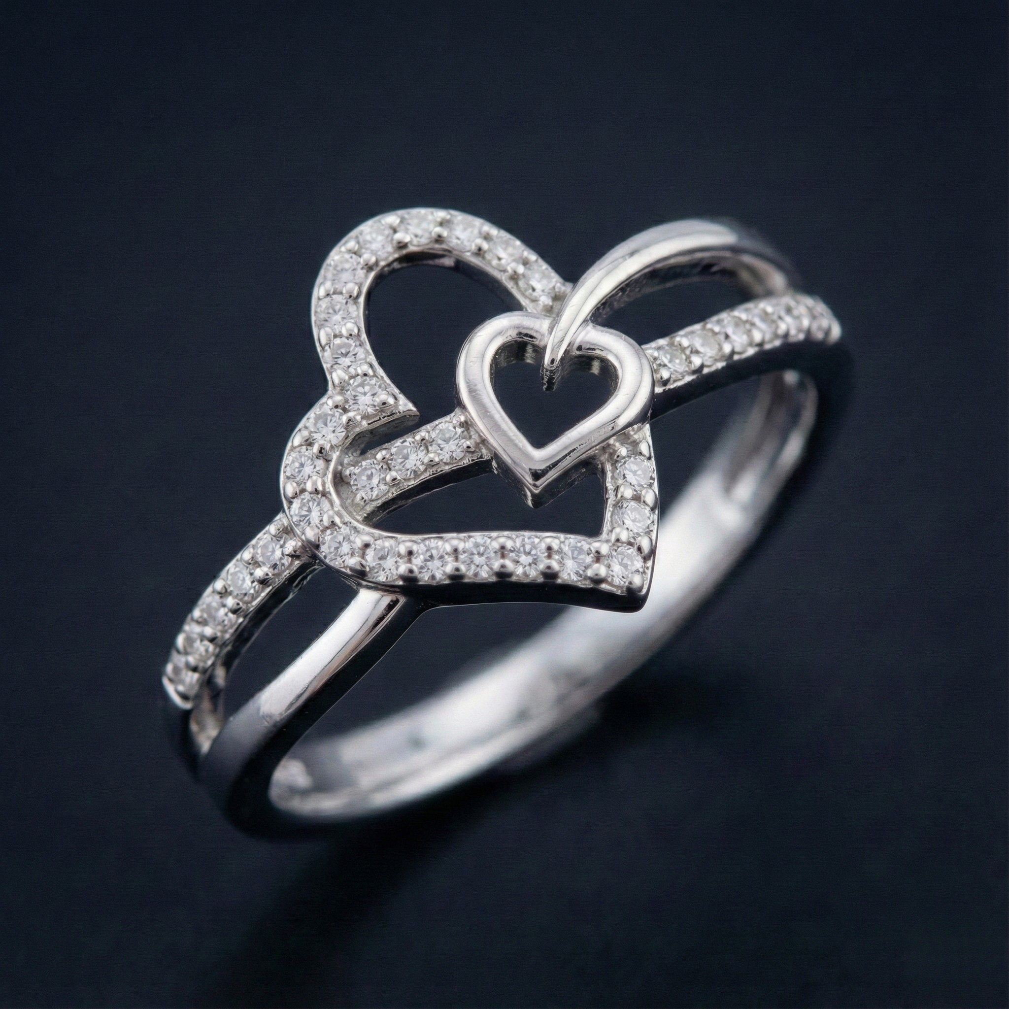 Heart in Heart Silver Diamond Ring with Lab-Grown Diamonds