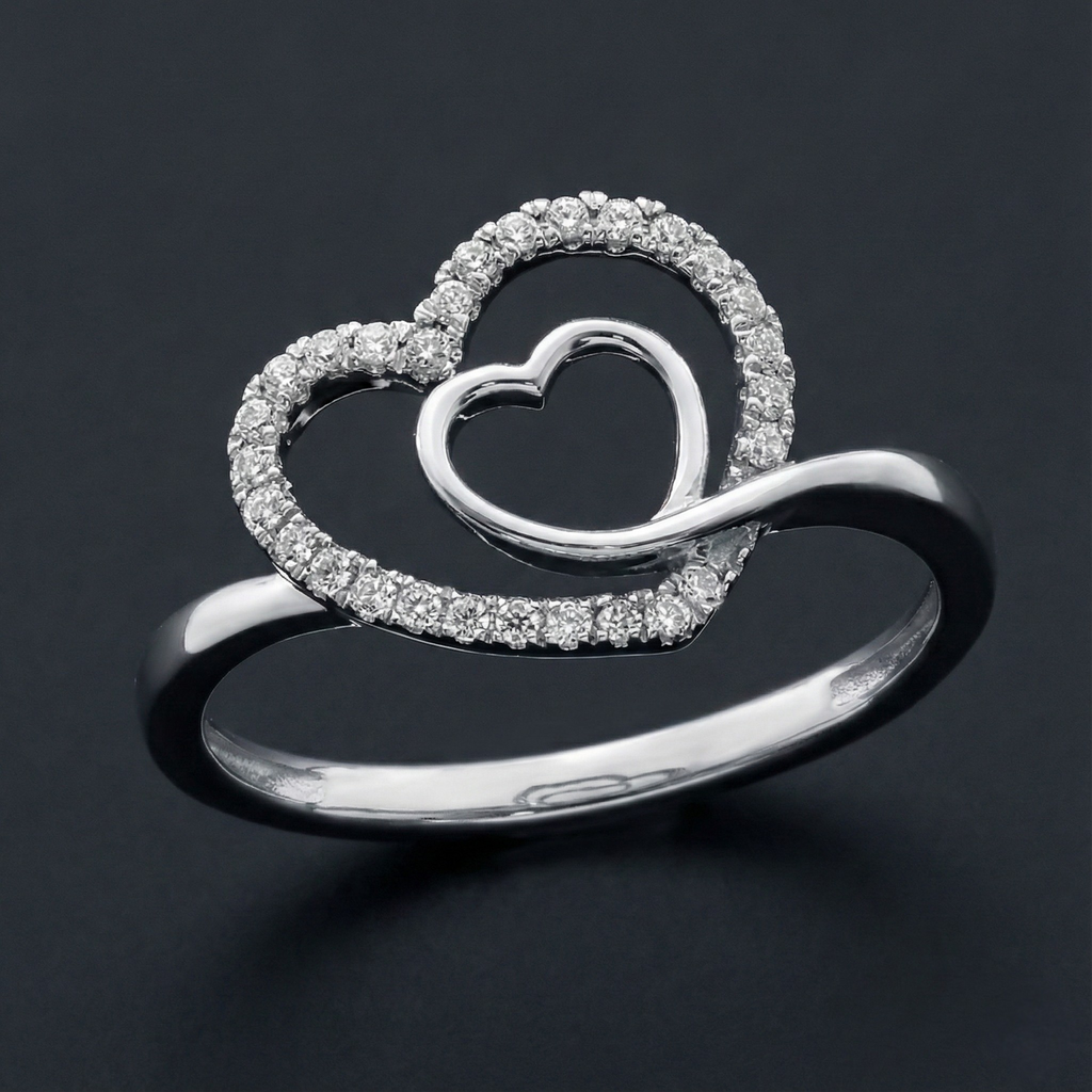 Double Heart 925 Silver Diamond Ring with Lab-Grown Diamonds