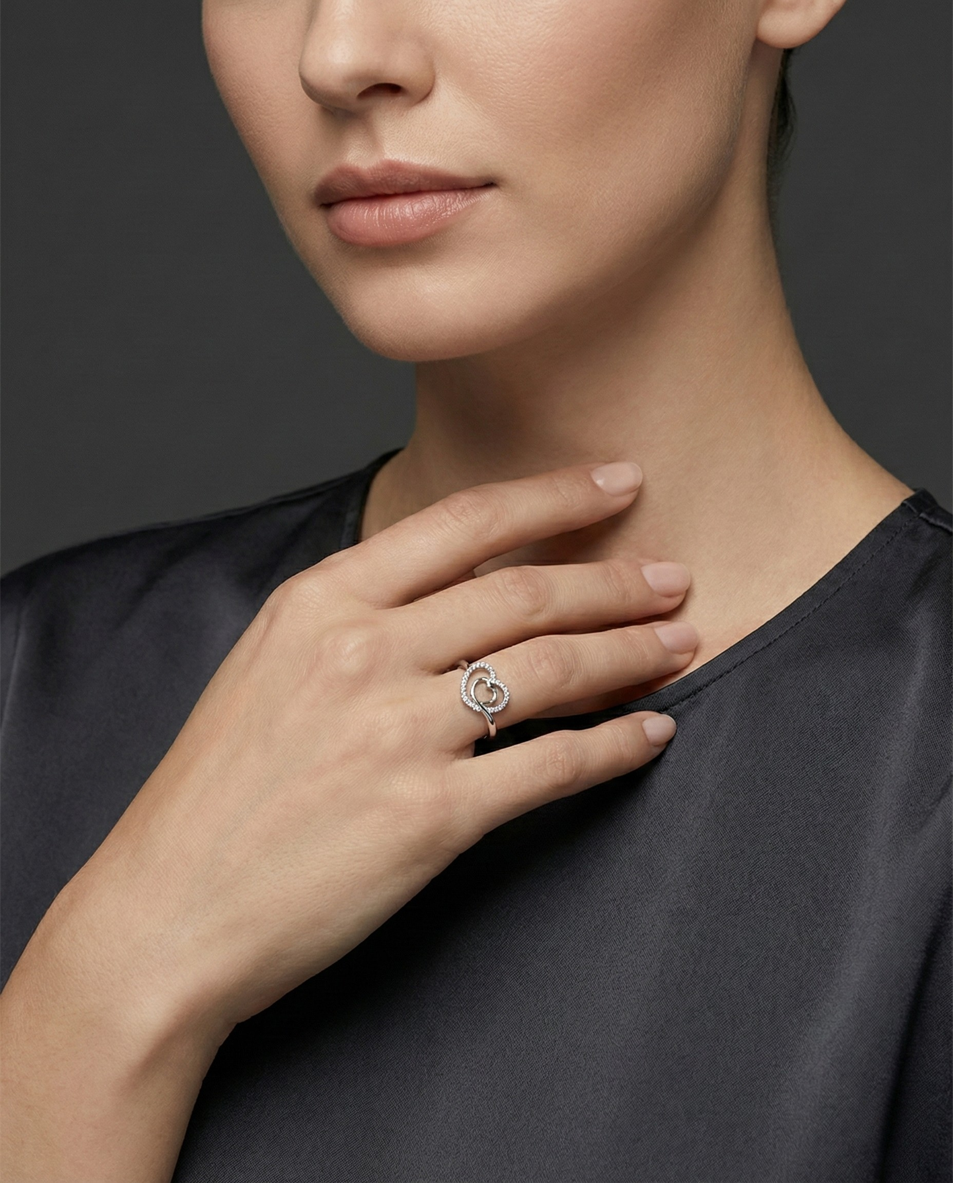 Double Heart 925 Silver Diamond Ring with Lab-Grown Diamonds