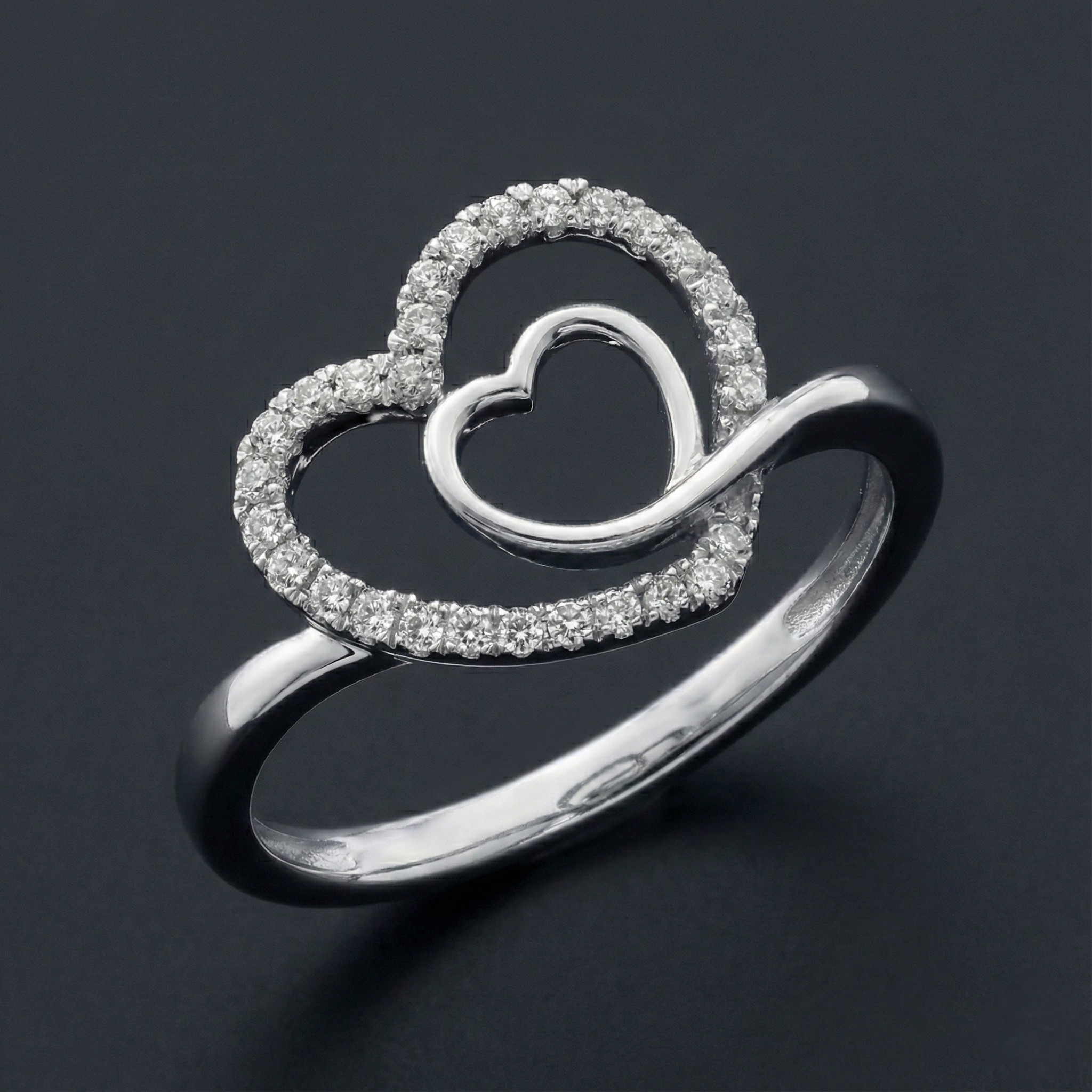 Double Heart 925 Silver Diamond Ring with Lab-Grown Diamonds