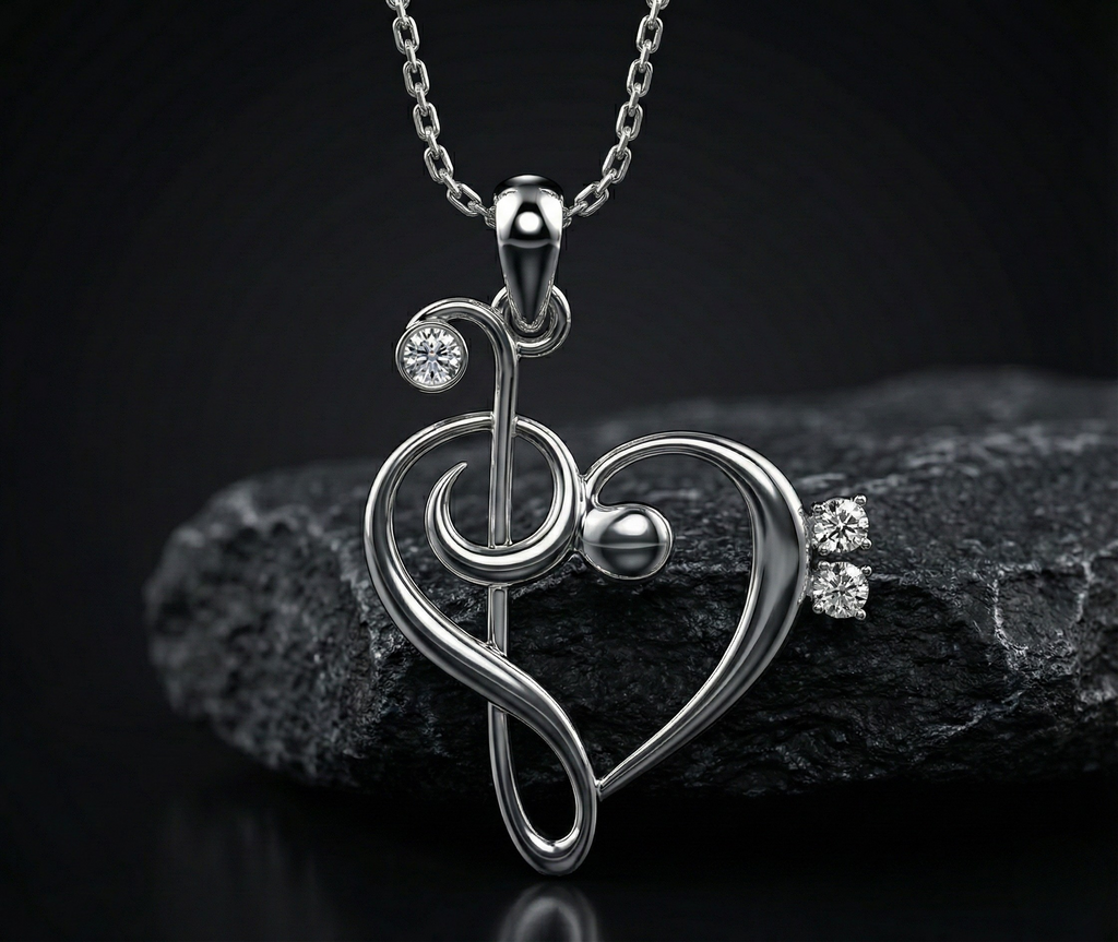 Heart Music Note Silver Diamond Pendant with Lab-Grown Diamonds