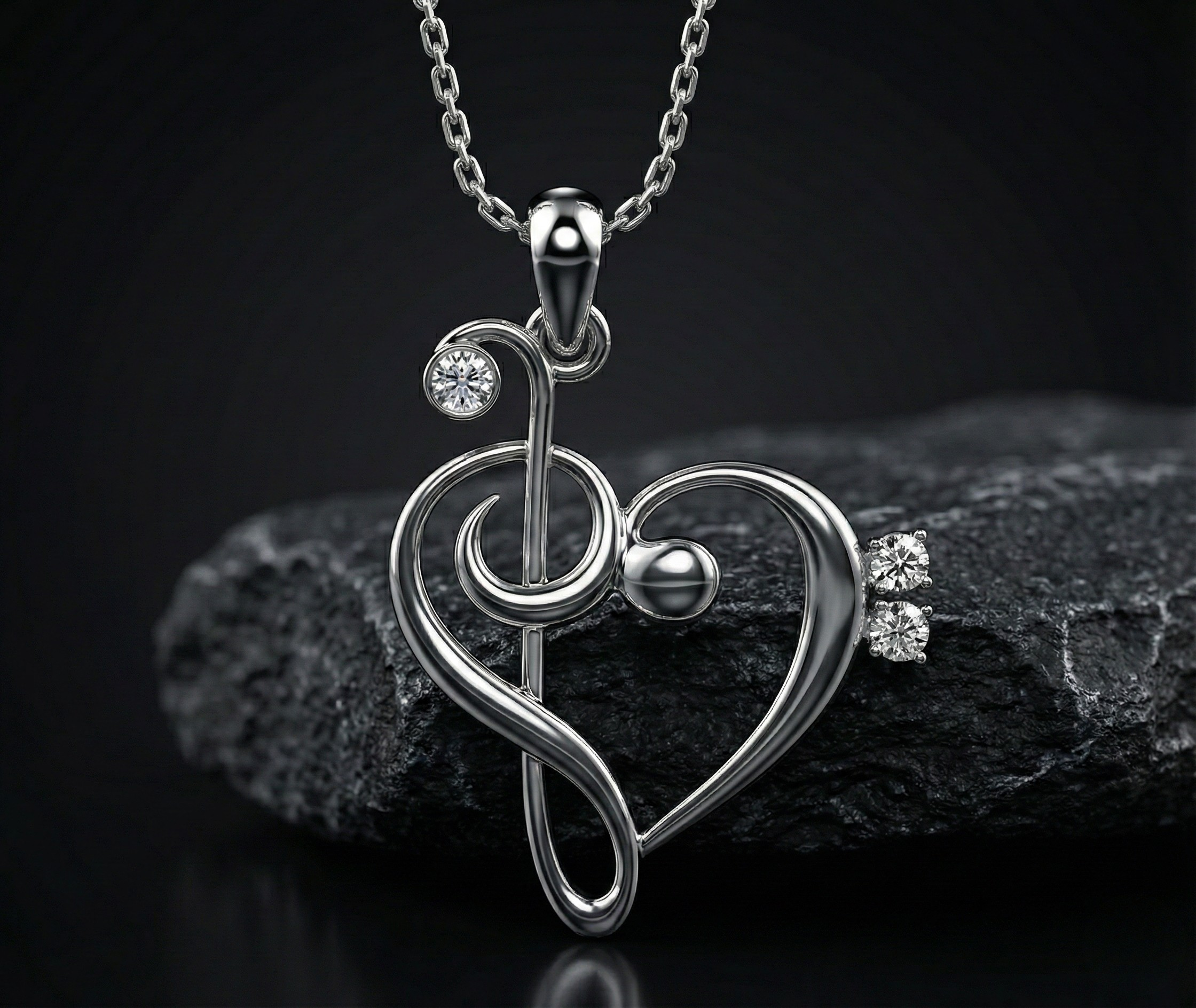 Heart Music Note Silver Diamond Pendant with Lab-Grown Diamonds