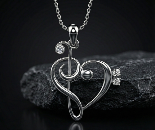 Heart Music Note Silver Diamond Pendant with Lab-Grown Diamonds