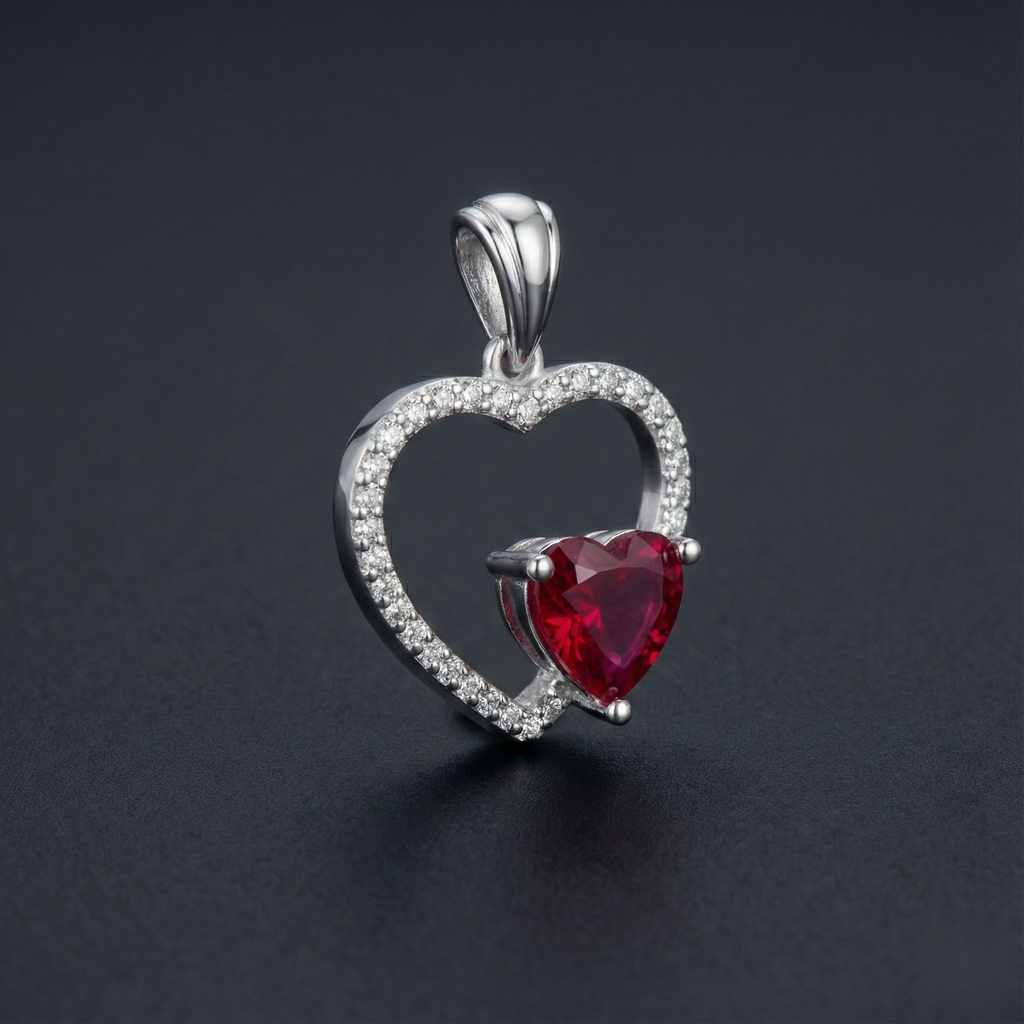 Ruby Heart 925 Silver Diamond Pendant with Lab-Grown Diamonds