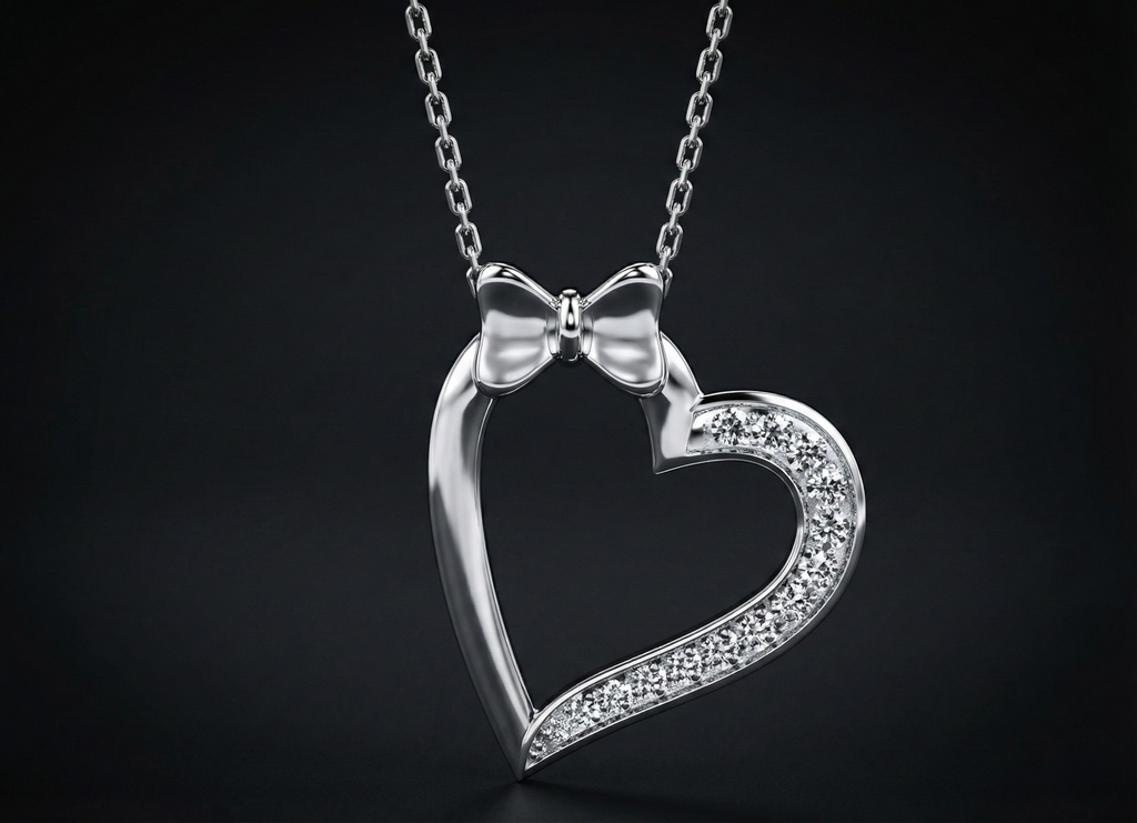 Small Bow Heart 925 Silver Diamond Pendant with Lab-Grown Diamonds