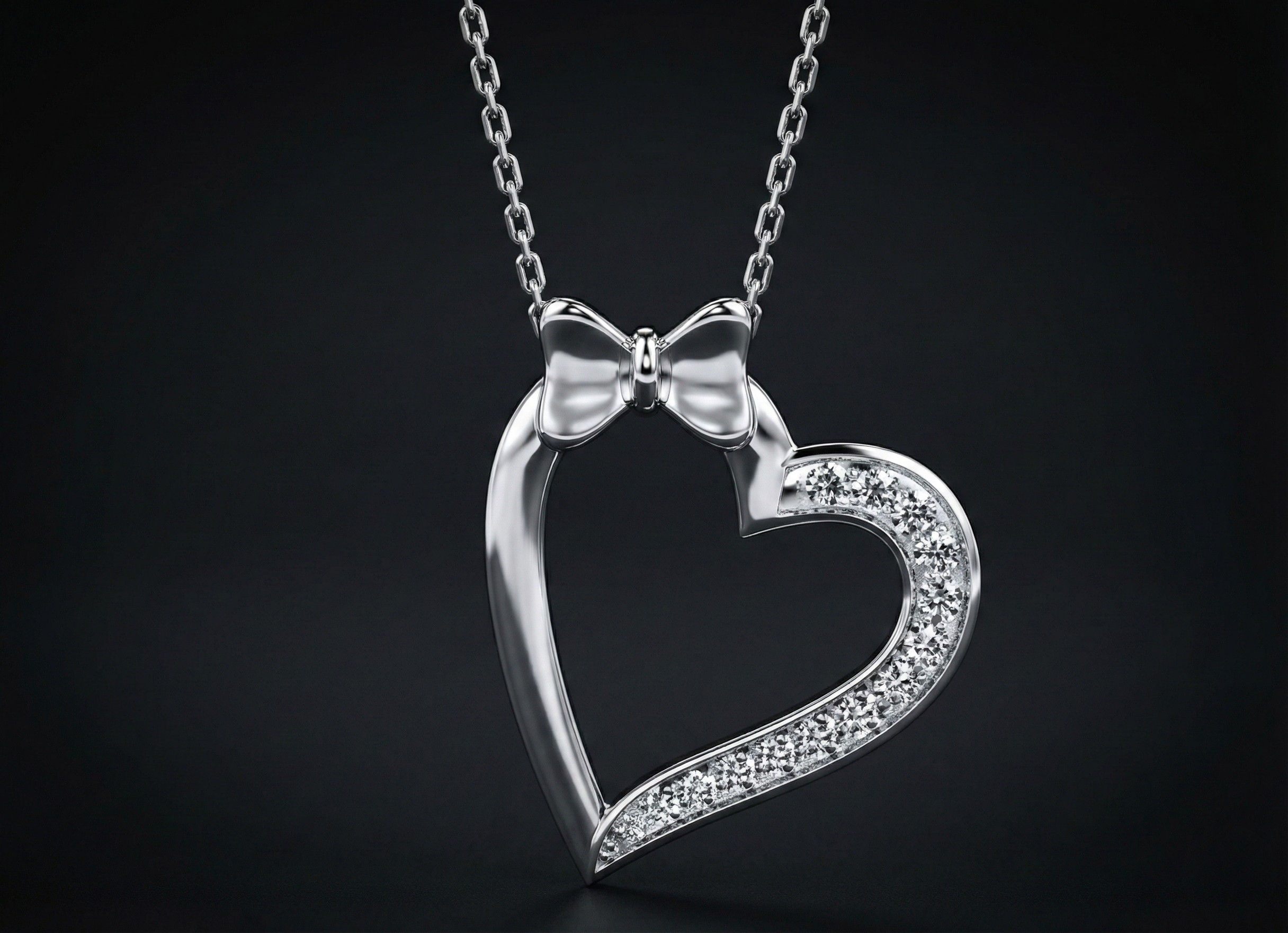 Small Bow Heart 925 Silver Diamond Pendant with Lab-Grown Diamonds
