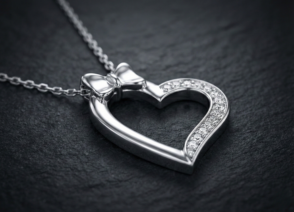 Small Bow Heart 925 Silver Diamond Pendant with Lab-Grown Diamonds