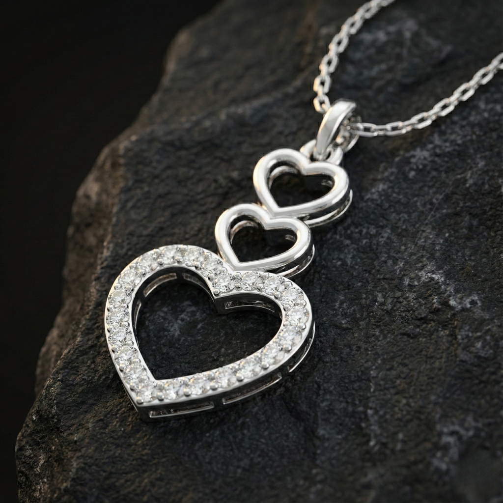 Triple Heart 925 Silver Diamond Pendant with Lab-Grown Diamonds