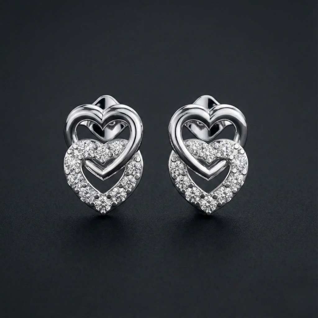 Twin Heart 925 Silver Diamond Stud Earrings with Lab-Grown Diamonds