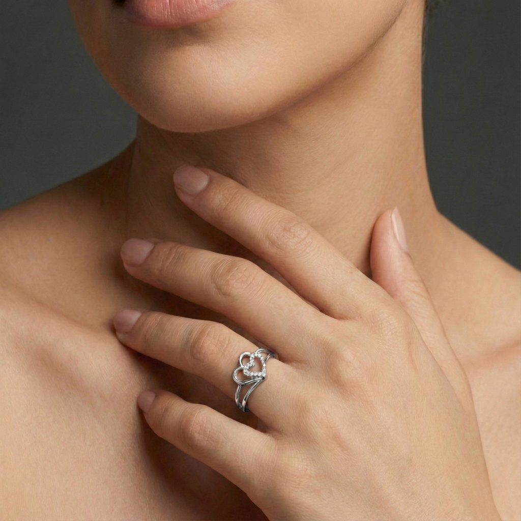 Intertwined Hearts Silver Diamond Ring with Lab-Grown Diamonds