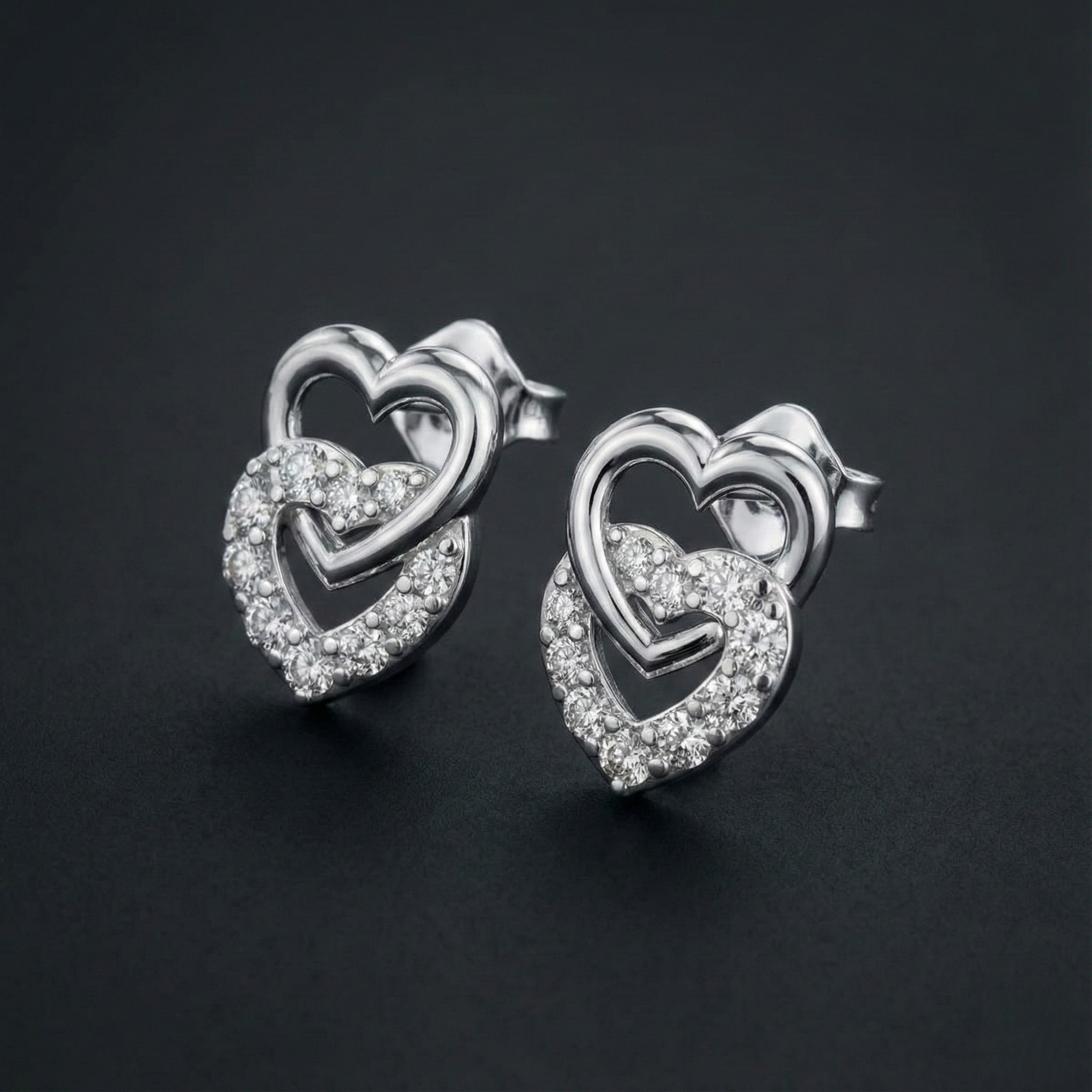 Twin Heart 925 Silver Diamond Stud Earrings with Lab-Grown Diamonds