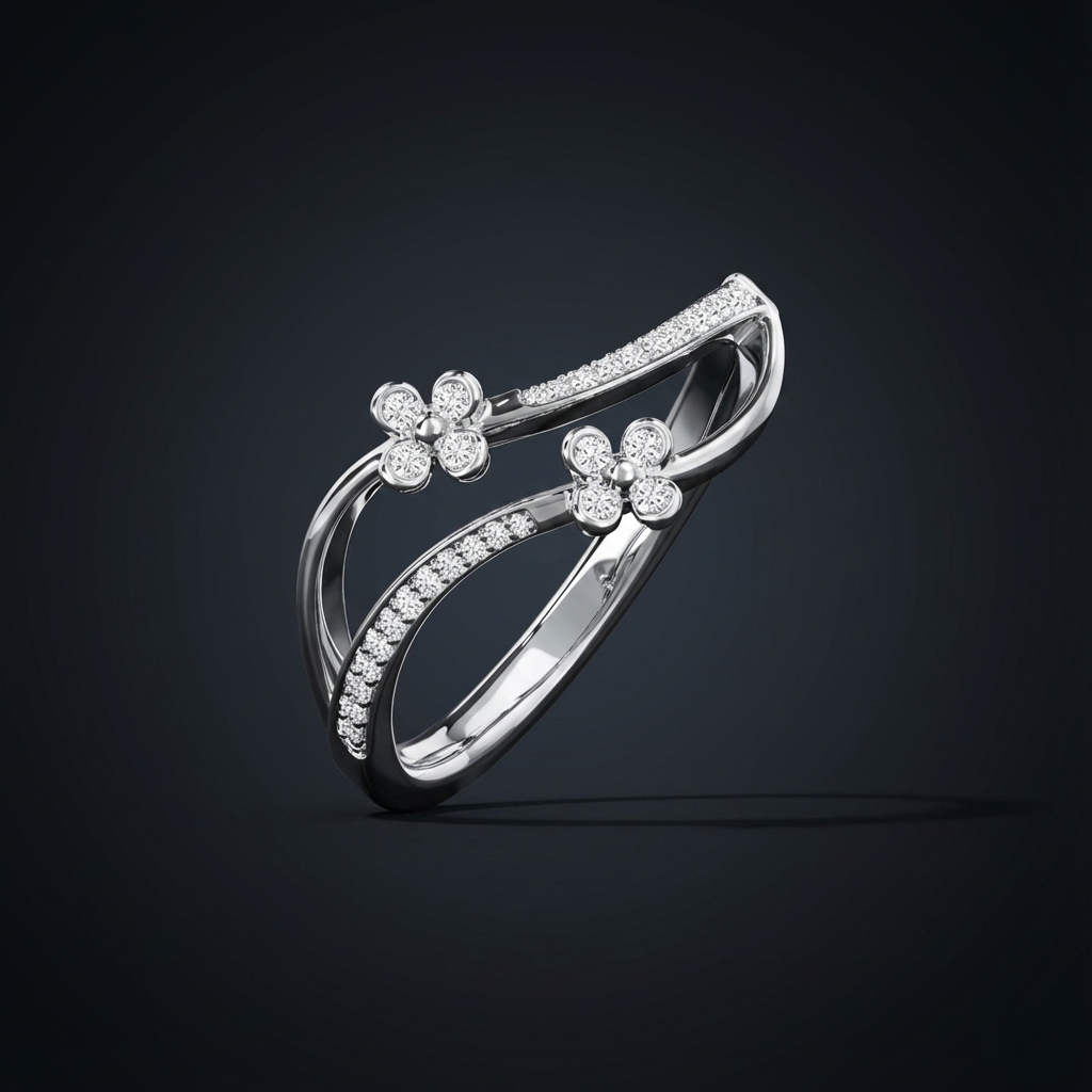 Two Leaves Silver Diamond Ring with Lab-Grown Diamonds