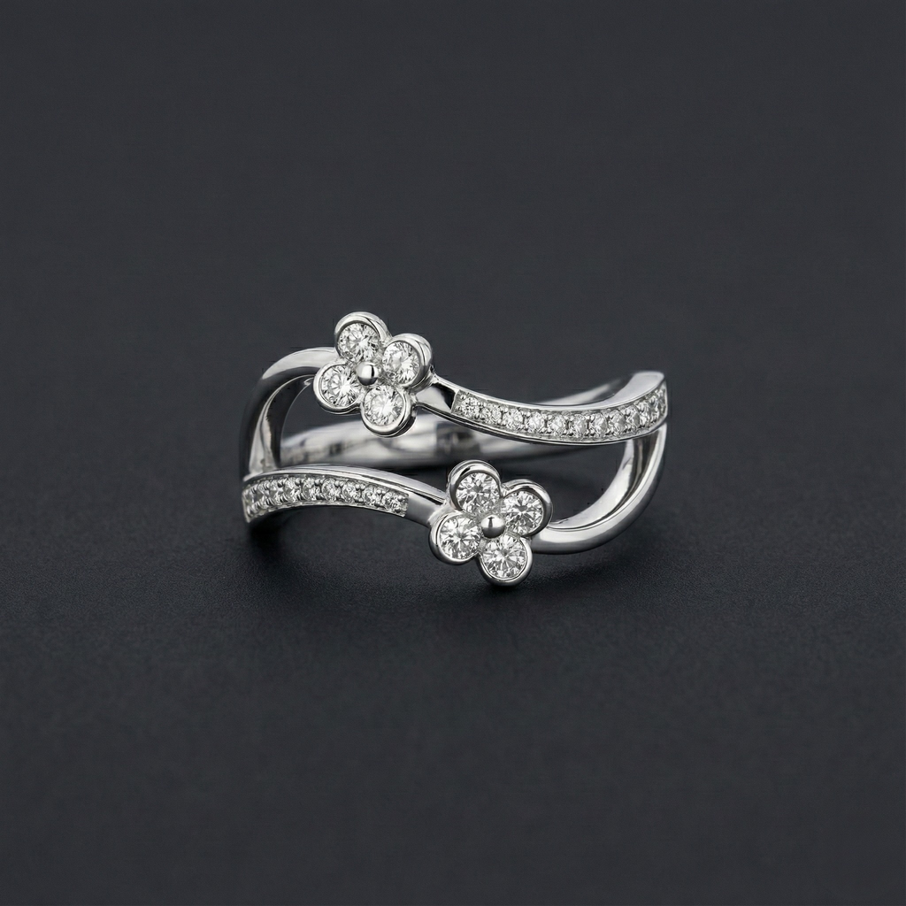 Two Leaves Silver Diamond Ring with Lab-Grown Diamonds