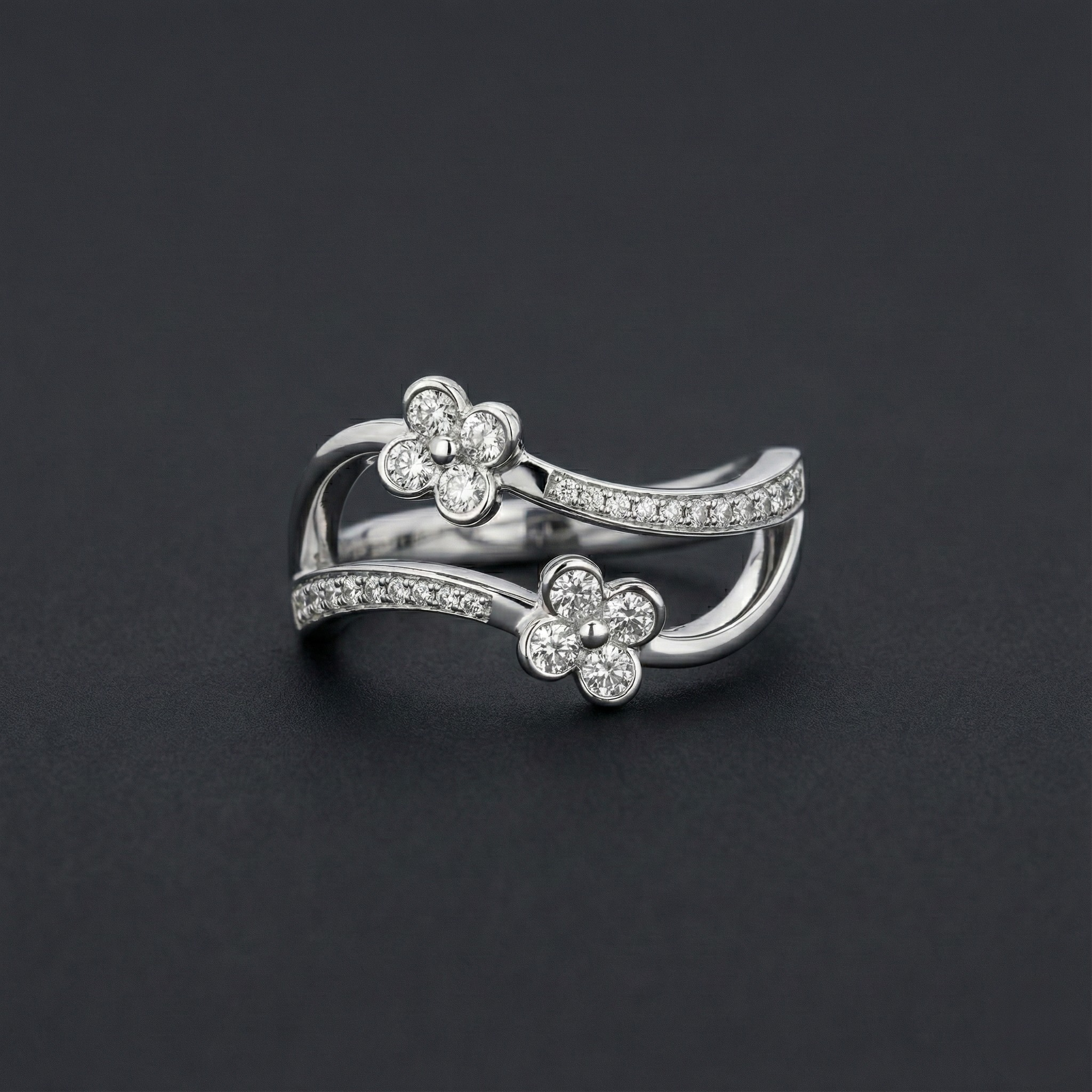 Two Leaves Silver Diamond Ring with Lab-Grown Diamonds
