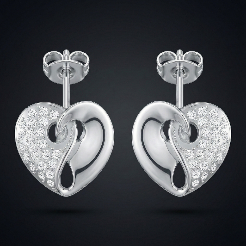 Yin Yang Heart 925 Silver Diamond Stud Earrings with Lab-Grown Diamonds