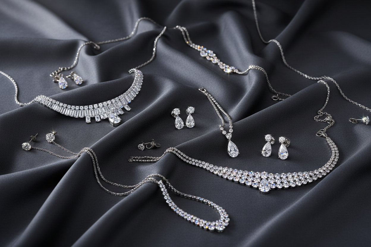 multiple diamond necklaces and earrings kept scattered on a dark charcoal silk, professionally shot