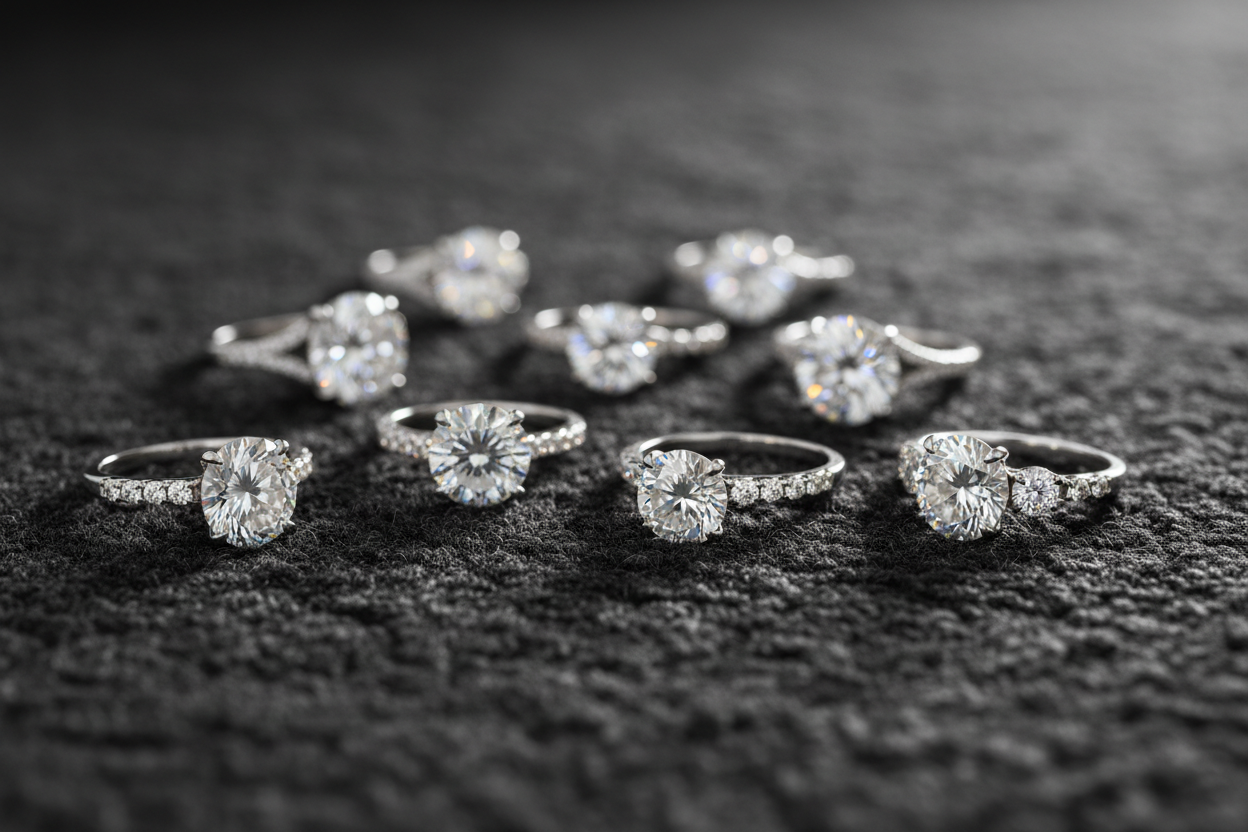 multiple diamond rings kept on a dark charcoal rug, professionally shot